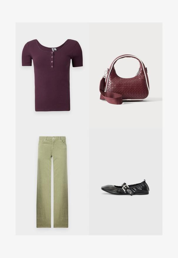 Kurzärmliges, geripptes Henley-Shirt in Pflaumenlila mit einem Rundhalsausschnitt und vier silbernen Druckknöpfen an der Frontleiste.; Grüne Baumwollhosen mit geradem Bein-Design, ausgestattet mit Vorderaschen, einem Knopfverschluss und einem klaren, strukturierten Stofffinish.; Schwarze Leder-Ballerinas mit spitzem Zehenbereich, gerafften Details am Schaft und einem silbernen Schnallenakzent am verstellbaren Riemen.; Dunkelrote gewebte Ledertasche mit gebogenem Griff, weißem Besatz, silbernem Reißverschluss und abnehmbarem breitem Stoff-Schulterriemen vor einfarbigem Hintergrund.
