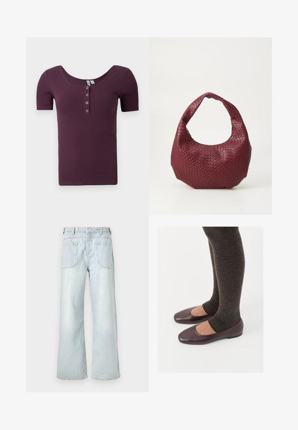 Camisa henley de color ciruela morado, de manga corta y canalé, con escote redondeado y cuatro botones de presión plateados en la tapeta delantera.; Jeans de mezclilla de corte amplio en azul claro con una cintura alta, dos bolsillos traseros y un ligero desgastado, con costuras en color amarillo.; Bailarinas de charol burdeos con diseño de punta cuadrada, combinadas con calcetines de punto acanalado marrón oscuro que llegan a la mitad de la pantorrilla.; Bolso de mano burdeos tejido con una silueta redondeada, un solo asa y un acabado texturizado. Cierre con cremallera en la parte superior.