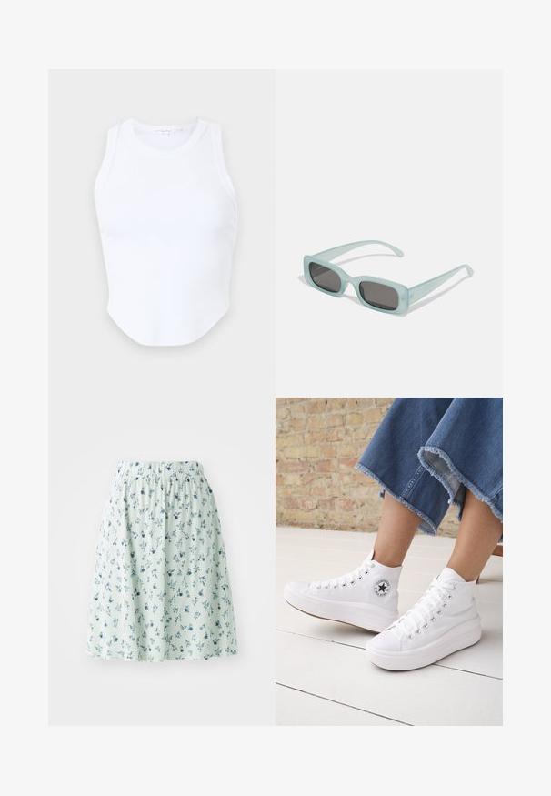 Good American MICRO TANK - Top - white; Blomsterkjole med elastisk talje, lavet af let stof. Har en mintgrøn bund med små blå og hvide blomster mønstre overalt.; Person iført hvide høje Converse-sneakers med tykke såler og beskårne blå jeans med flossede kanter mod en murstensvæg og hvidt gulv.; Et par rektangulære solbriller med lyseblå gennemsigtige stel og mørkegrå linser, der har lige templer og minimale hardware detaljer.
