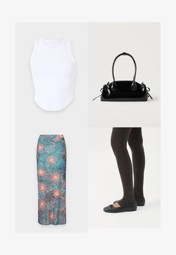 Good American MICRO TANK - Top - white; Dlhá, priliehavá sukňa so viacfarebnou potlačou slnka, mesiacov a ozdobných vzorov na textúrovanom teal pozadí.; Nohy v tmavých pásikavých legínach v kombinácii s čiernymi balerínkami s malými mašličkami na bielom pozadí.; Malá čierna lesklá kabelka s dvoma dlhými rúčkami a bočnými šnúrkovými detailmi na jednoduchom svetlom pozadí.