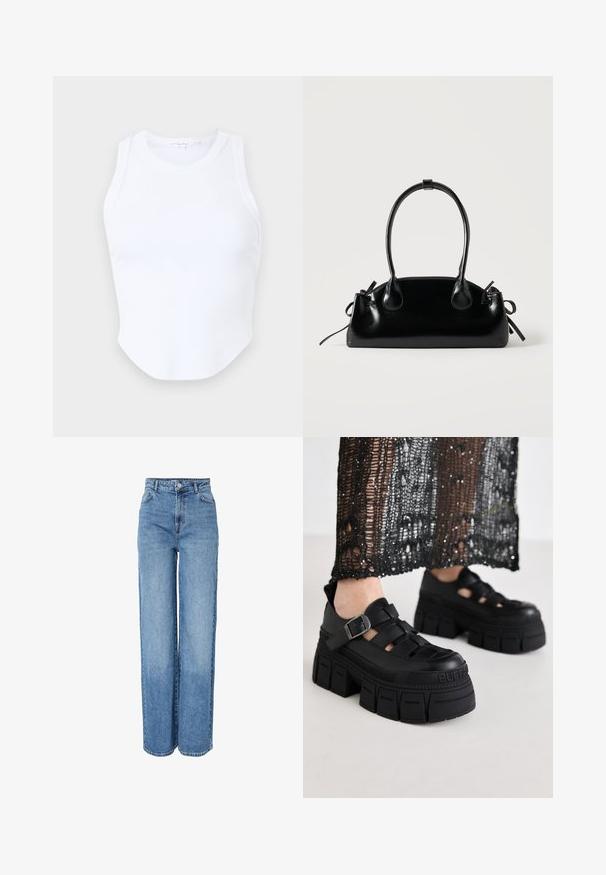 Good American MICRO TANK - Top - white; Blauwe denim jeans met hoge taille en rechte pijpen, voorzien van knoop- en ritssluiting aan de voorkant, ceintuurlussen, en voor- en achterzakken.; Zwarte platform sandalen met een chunky ontwerp, voorzien van brede banden en een zijgesp. Gemaakt van textuur rubber met een logo-detail.; Kleine zwarte glanzende handtas met twee lange hengsels en zijkant trekkoord details op een effen lichte achtergrond.