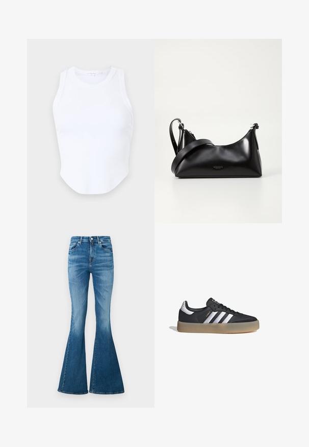 Good American MICRO TANK - Top - white; Udsvingede jeans lavet af middelvægt denim, med høj talje, lys blå farve, subtil falmning og klassisk fem-lomme design.; Sort læder atletiksko med tre sølvstriber, en struktureret tå og en gummisål. Har en polstret krave og snørebåndsdesign.; Sort læderhåndtaske med en glat tekstur. Har en justerbar stropp og et enkelt, minimalistisk design med lynlås.