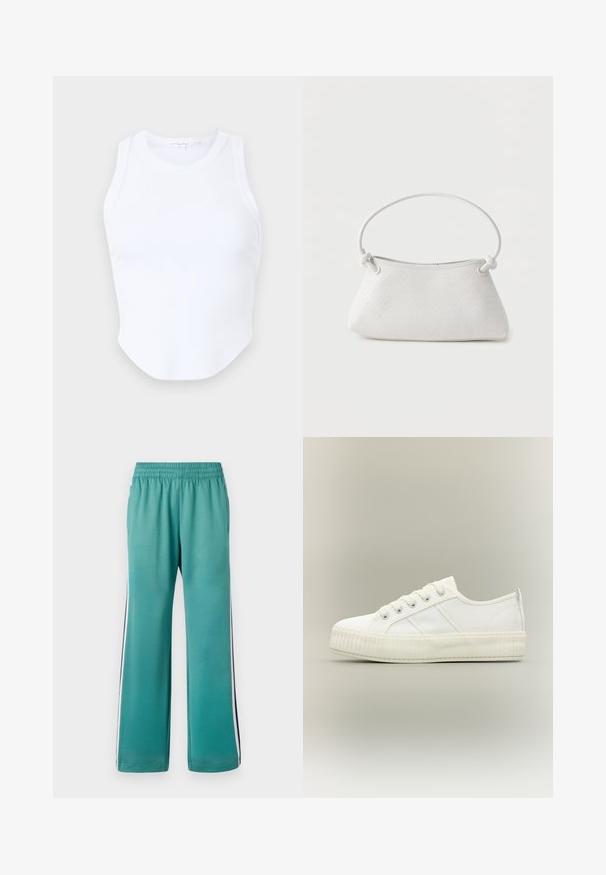 Good American MICRO TANK - Débardeur - white; Pantalons de survêtement teal avec une taille élastique, jambes larges et rayures latérales en bleu marine et blanc. Tissu lisse avec une finition mate.; Baskets basses blanches avec semelle épaisse côtelée, lacets à l'avant et languette à l'arrière sur fond neutre.; Sac à main en cuir tressé blanc avec poignée arrondie et extrémités de lanière nouées, présenté sur un fond uni.