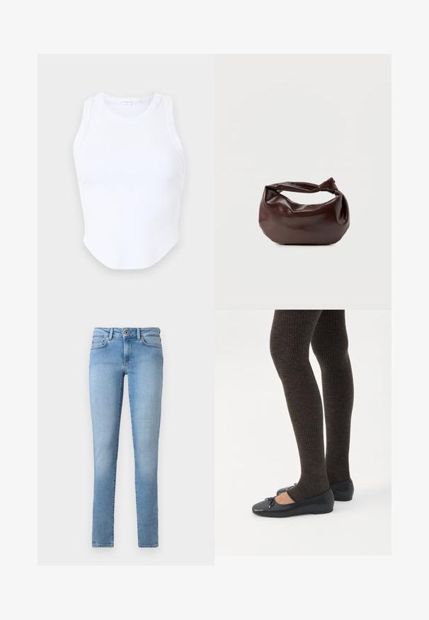 Good American MICRO TANK - Top - white; Lyseblå denimjeans med lige ben, fem lommer og lukning med knap foran. Glat tekstur med en slidt finish.; Ben iført mørke ribbede leggings kombineret med sorte balletsko med små sløjfedetaljer på hvid baggrund.; Mørkebrun læder skuldertaske med en blød, afslappet form og et snoet knudehåndtag på en ensartet hvid baggrund.