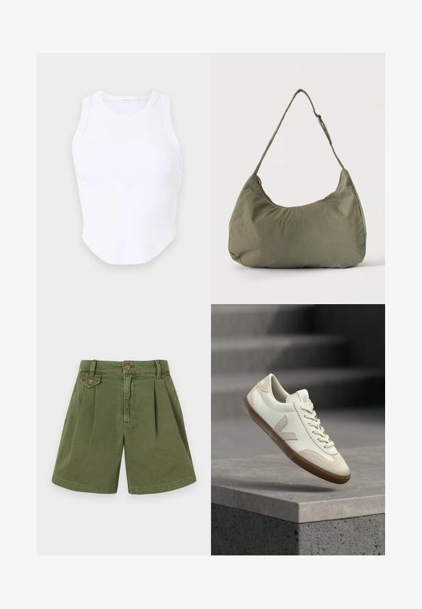 Good American MICRO TANK - Top - white; Khaki-Shorts aus Baumwolle mit einem gefalteten Design, einem Knopf auf der Taille und Seitentaschen. Glatte Textur und gerader Beinausschnitt.; Weiße und beige Sneaker mit Gummisohle schweben über einer grauen Betonoberfläche, im Hintergrund unscharfe Treppen.; Olivgrüne weiche Stoff-Schultertasche mit Reißverschluss und verstellbarem Tragegurt vor einfarbig hellem Hintergrund.