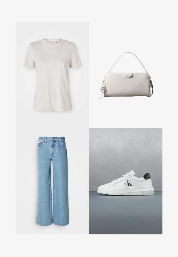 Lichtgrijs T-shirt met korte mouwen, gemaakt van een zachte katoenmix, voorzien van een ronde hals en een klein geborduurd logo op de borst.; Lichtblauwe wijde jeans van denim, met een hoge taille, vijf pockets en subtiele vervaging langs de stof.; Witte lage sneaker met zwarte hiel tab, plateauzool, veters en Calvin Klein "CK" logo aan de zijkant.; Witte rechthoekige Calvin Klein handtas met enkele handgreep, minimalistisch ontwerp en decoratieve kwastjes met geometrische metalen hanger aan de zijkant.