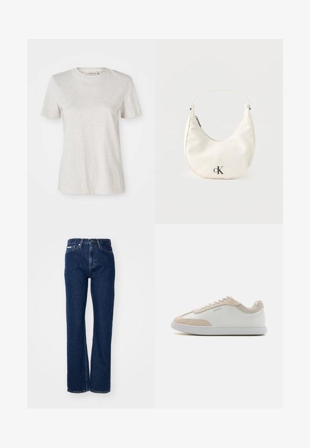 Camiseta de manga corta de color gris claro, fabricada en una suave mezcla de algodón, con un cuello redondo y un pequeño logo bordado en el pecho.; Vaqueros de mezclilla azul oscuro con piernas rectas, cierre de botón y cinco bolsillos. La tela tiene una ligera textura con sutiles detalles en la costura.; Zapatillas de cuero blancas con detalles de ante beige y cordones blancos. Presentan una puntera redondeada y una suela acolchada para mayor comodidad.; Pequeño bolso blanco en forma de media luna con correa corta, cierre de cremallera y logo negro "cK" en el frente.