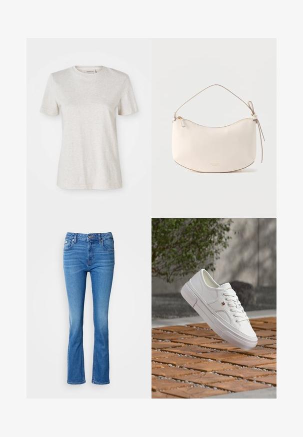 Camiseta de manga corta de color gris claro, fabricada en una suave mezcla de algodón, con un cuello redondo y un pequeño logo bordado en el pecho.; Jeans acampanados de denim azul con una cintura de media altura, que presentan un clásico diseño de cinco bolsillos y una sutil textura desgastada en las rodillas.; Zapatilla blanca de cuero con cordones y un pequeño logo rojo, blanco y azul, flotando sobre una superficie exterior de madera y guijarros con patrón.; Bolso de mano de cuero color marfil con forma curva, cierre de cremallera, una sola correa y detalle de nudo lateral.