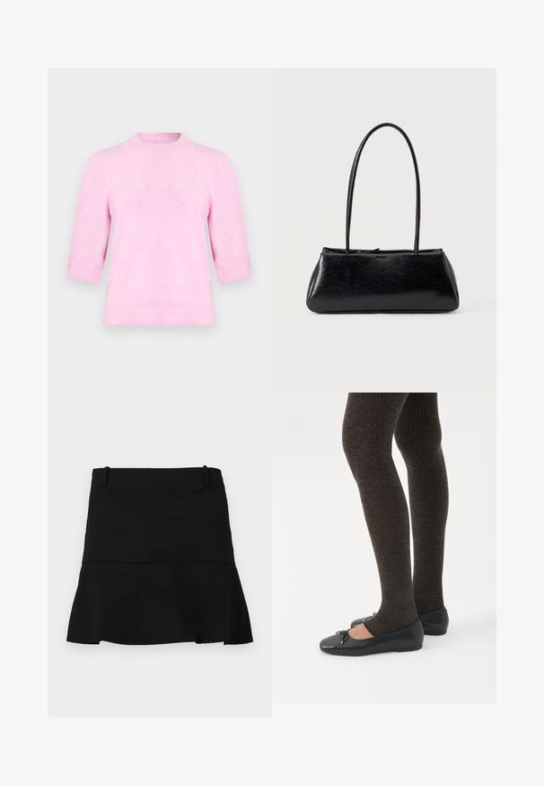 Pull en maille rose clair avec manches mi-longues, poignets côtelés et encolure ronde côtelée sur un fond uni.; Jupe noire courte avec un léger évasement à l'ourlet et des passants de ceinture à la taille sur un fond blanc.; Jambes portant des leggings côtelés foncés associés à des ballerines noires avec de petits détails en nœud sur fond blanc.; Sac à épaule rectangulaire noir avec de longues bretelles fines et une texture lisse et brillante sur un fond uni.