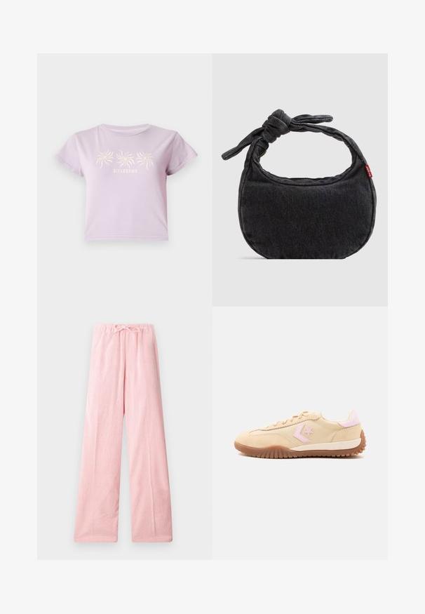 T-shirt en coton lilas à manches courtes, avec un graphisme de trois spirales au-dessus du texte "BILLABONG" dans une teinte plus claire.; Pantalons large rose clair en tissu doux, dotés d'une taille élastique avec cordon de serrage pour un ajustement réglable et une texture subtile.; Baskets beige avec logo étoile rose clair, détail rose au talon et semelle rainurée marron, vues de côté sur fond blanc.; Petit sac d'épaule en denim noir avec une sangle nouée et une fermeture éclair, arborant une étiquette en tissu rouge Levi's sur le côté.