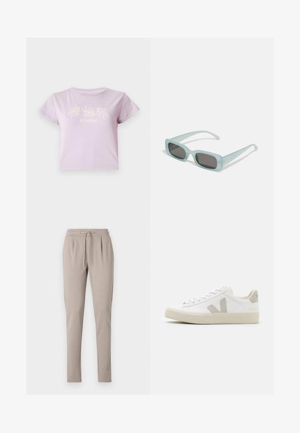 Lilla bomulds t-shirt med korte ærmer, prydet med et grafisk motiv af tre spiraler over teksten "BILLABONG" i en lysere nuance.; Beige sweatpants med snøre i taljen, tætsiddende ben og plisseret frontdetalje. Fremstillet af blødt, let materiale.; Hvide sneakers lavet af læder med grå V-logo detaljer, struktureret gummisål, hvide snørebånd samt polstret tunge og krave.; Et par rektangulære solbriller med lyseblå gennemsigtige stel og mørkegrå linser, der har lige templer og minimale hardware detaljer.