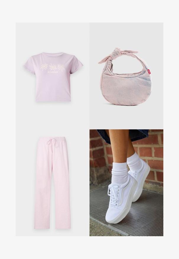 Camiseta de algodón color lila con mangas cortas, que presenta un gráfico de tres espirales sobre el texto "BILLABONG" en un tono más claro.; Pantalones de pijama color rosa claro en una tela texturizada con un corte holgado, que cuentan con una cintura elástica y un cordón para ajustes.; Zapatillas de lona blancas con suelas de goma, que presentan seis ojales, puntera redonda y detalles de costura ligera, combinadas con calcetines blancos hasta el tobillo.; Bolso de mano de mezclilla color rosa claro con forma de media luna, correa anudada y etiqueta roja de Levi's sobre fondo liso.