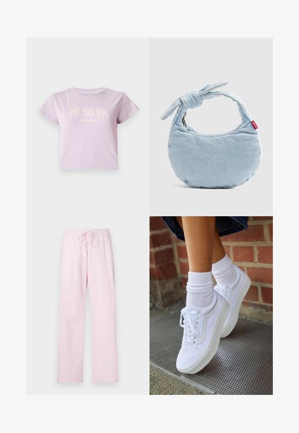 Camiseta de algodón color lila con mangas cortas, que presenta un gráfico de tres espirales sobre el texto "BILLABONG" en un tono más claro.; Pantalones de pijama color rosa claro en una tela texturizada con un corte holgado, que cuentan con una cintura elástica y un cordón para ajustes.; Zapatillas de lona blancas con suelas de goma, que presentan seis ojales, puntera redonda y detalles de costura ligera, combinadas con calcetines blancos hasta el tobillo.; Bolso de hombro de mezclilla azul claro con un detalle de nudo en la asa y una pequeña etiqueta roja de Levi's en el lateral.