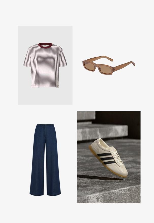 Camiseta blanca de manga corta con finas rayas horizontales de color rojo oscuro y cuello redondo sólido en rojo oscuro.; Jeans de pierna ancha de color azul oscuro con corte recto, hechos de denim. Presentan una cintura alta y un sutil detalle de costura. Sin hardware visible.; Zapatilla blanca con rayas negras y suela de goma suspendida sobre escaleras de hormigón en luz diurna suave.; Gafas de sol rectangulares marrones con montura transparente, patillas delgadas y lentes tintados, con una textura suave y un diseño moderno.