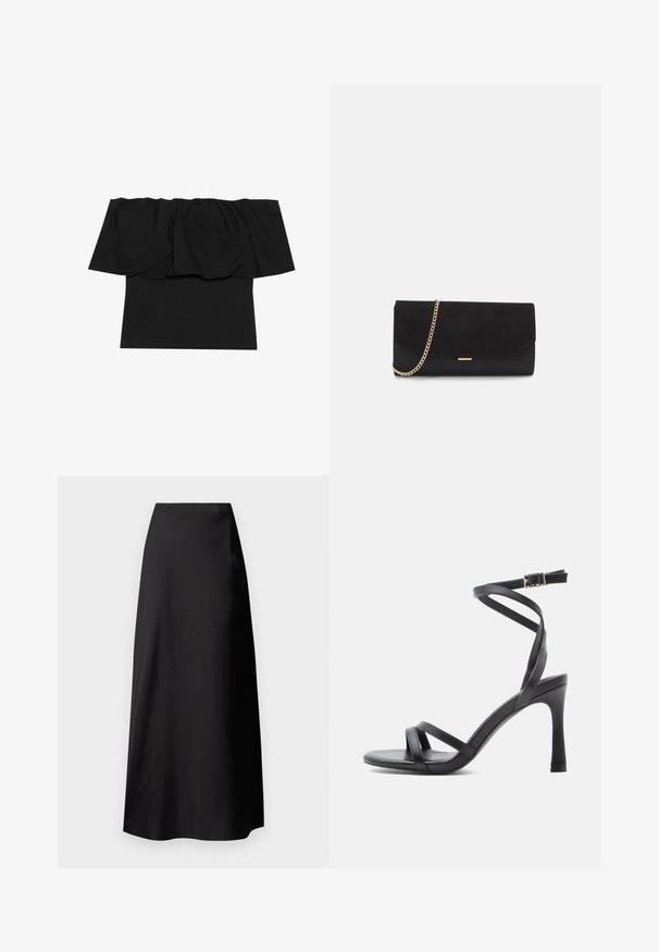 Haut noir dénudé des épaules avec un tissu froncé au niveau du col, une texture ajustée au corps et des manches courtes. Matériau doux et lisse.; Jupe maxi en satin noir avec une texture lisse, taille haute, silhouette fluide et sans motifs ni détails en métal visibles.; Sandales à talons hauts noires au design élégant, avec deux fines brides sur les orteils et une bride croisée à la cheville avec une boucle.; Porte-monnaie noir en daim avec une finition texturée, doté d'une chaîne dorée et d'un design épuré et angulaire.