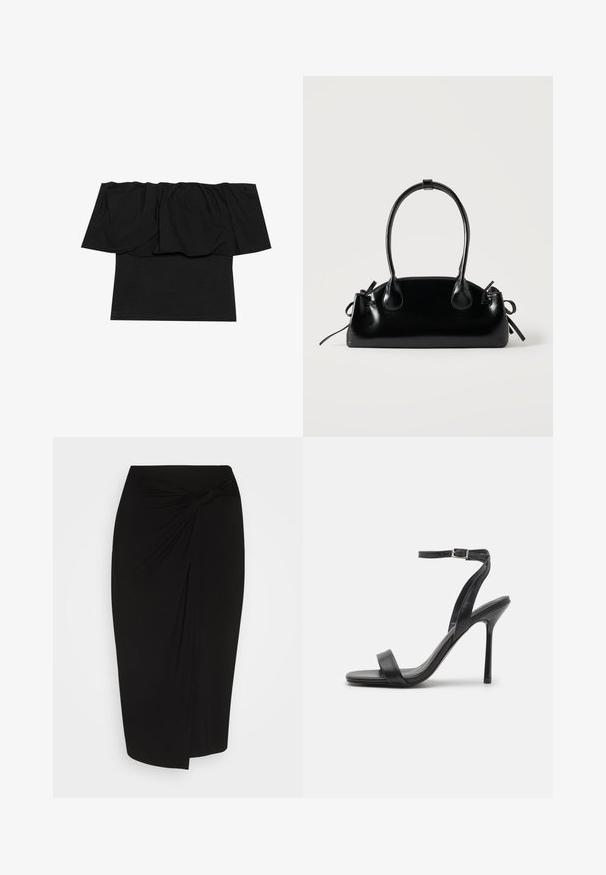 Sort off-shoulder top med foldet stof ved halsudskæringen, en tætsiddende tekstur ved kroppen og korte ærmer. Blødt, glat materiale.; Sort knælang nederdel i et blødt, strækbart stof, med en snoet knude detalje i taljen og en slank, tætsiddende silhuet.; Sort højhælet sandal med en slank ankelrem og to forreste bånd. Lavet af glat læder med en slank spids tå og stilettohæl.; Lille sort blank håndtaske med to lange håndtag og snøre-detaljer i siden på en ensfarvet lys baggrund.