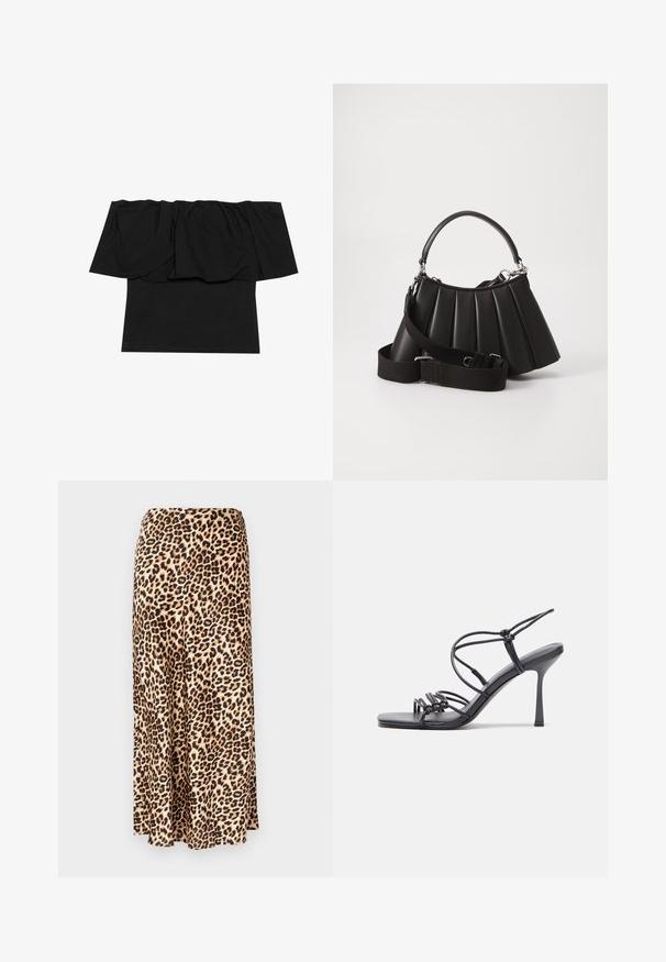 Top negro de tirantes caídos que presenta tela gathered en el escote, una textura ajustada en el cuerpo y mangas cortas. Material suave y liso.; Falda larga de estampado de leopardo hecha de tejido suave. Base marrón clara con manchas negras y marrones. Diseño acampanado con dobladillo recto.; Las sandalias negras de tacón alto presentan finas correas con un diseño anudado, una punta cuadrada suave y un elegante tacón de aguja.; Bolso de mano negro con pliegues, manejo redondeado, correa ajustable y textura brillante. Presenta herrajes plateados y una silueta estructurada.