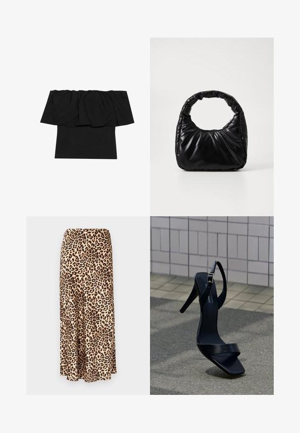 Sort off-shoulder top med foldet stof ved halsudskæringen, en tætsiddende tekstur ved kroppen og korte ærmer. Blødt, glat materiale.; Løleopardprint lang nederdel lavet af glat stof. Tan base med sorte og brune pletter. Udsvingende design med en lige kant.; Sort højhælet sandal med ankestrop og firkantet tå placeret på fortovet mod en baggrund af flisebelagt væg.; Sort polstret håndtaske med et rundt håndtag, der har en glat, skinnende overflade og en blød, kviltet tekstur. Ingen synlige hardware eller accenter.