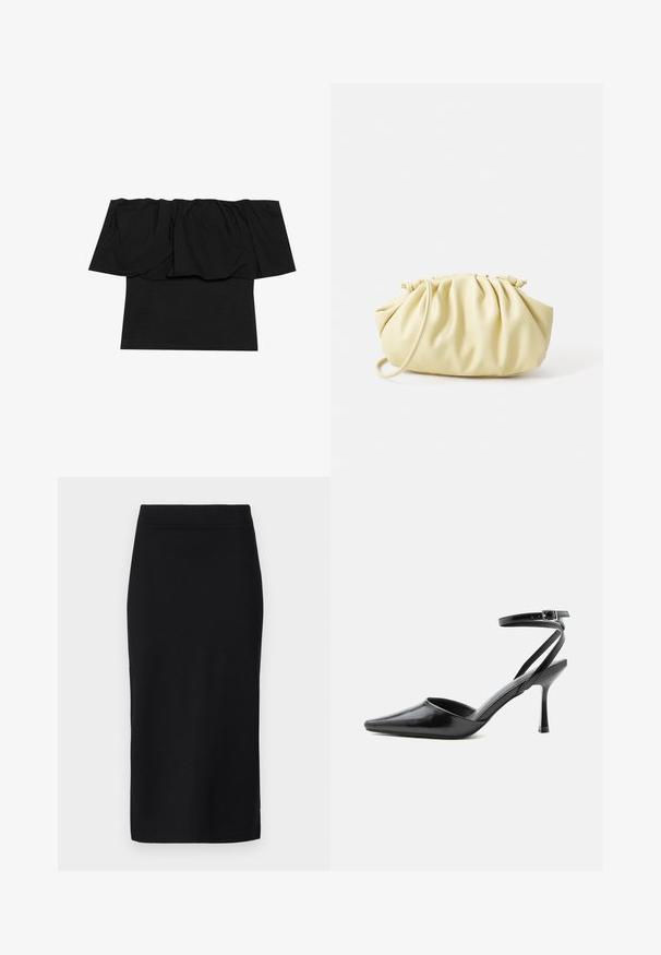 Sort off-shoulder top med foldet stof ved halsudskæringen, en tætsiddende tekstur ved kroppen og korte ærmer. Blødt, glat materiale.; Sort knælang nederdel lavet af glat stof, med et tætsiddende design, diskret talje og uden synlige lukninger eller lommer.; Sort spids højhælet sko med tynde ankelremme og sølvspænde på en ensfarvet lys baggrund.; Gul plisseret håndtaske lavet af glat kunstlæder, med en blød form, en enkelt skulderrem og samlet topdesign.