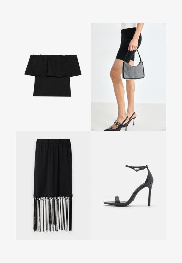 Top negro de tirantes caídos que presenta tela gathered en el escote, una textura ajustada en el cuerpo y mangas cortas. Material suave y liso.; Falda negra con cintura elástica y dobladillo con flecos. Los flecos están hechos de hilos finos, aportando textura y detalle al diseño.; Sandalias de tacón alto negras con punta abierta, tiras delgadas y hebilla en el tobillo. Textura de cuero suave con un diseño de punta afilada.; Bolso de cuentas negras con una silueta curva, asa de transporte y textura brillante. Llevado con zapatos de tacón altos negros y pantalones cortos negros ajustados.
