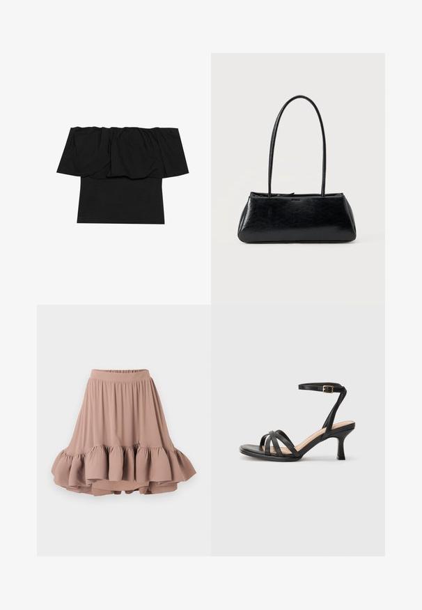 Sort off-shoulder top med foldet stof ved halsudskæringen, en tætsiddende tekstur ved kroppen og korte ærmer. Blødt, glat materiale.; Lys brun knælang nederdel lavet af blødt stof, med en bred talje og en flagrende, lagdelt volangkant. Glat tekstur hele vejen igennem.; Sorte høje hæle sandaler med flere tynde stropper over tæerne, en enkelt ankelstrop med en gylden spænde og en firkantet tå.; Sort rektangulær skuldertaske med lange tynde stropper og en glat, blank tekstur på en ensfarvet baggrund.