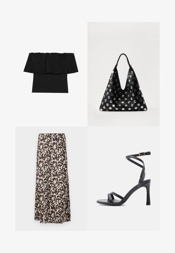 Sort off-shoulder top med foldet stof ved halsudskæringen, en tætsiddende tekstur ved kroppen og korte ærmer. Blødt, glat materiale.; Brun nederdel med et hvidt abstrakt mønster, med et flydende design og glat tekstur, der går til midten af læggen.; Sorte højhælede sandaler med et elegant design, der har to smalle remme hen over tåen og en krydsrem omkring anklen med en spænde.; Sort lædertaske med en trekantet form, udstyret med sølvfarvede metallic prikker og et tekstureret håndtag. Generelt glat finish.