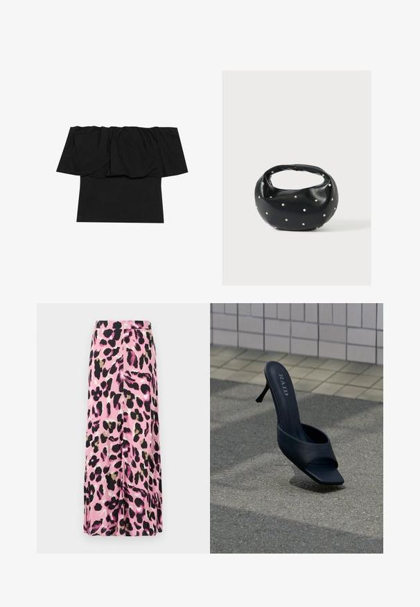 Top negro de tirantes caídos que presenta tela gathered en el escote, una textura ajustada en el cuerpo y mangas cortas. Material suave y liso.; Falda rosa con un estampado de animal print que presenta acentos en negro, dorado y blanco. Tejido suave con un diseño fluido. Corte de longitud media.; Zapato mule negro de tacón alto con puntera abierta y marca "RAID" en la plantilla, colocado sobre pavimento gris cerca de una pared alicatada.; Bolso de mano de cuero negro con forma redondeada, decorado con detalles de tachuelas plateadas y un asa corta. Textura lisa y cierre con cremallera.
