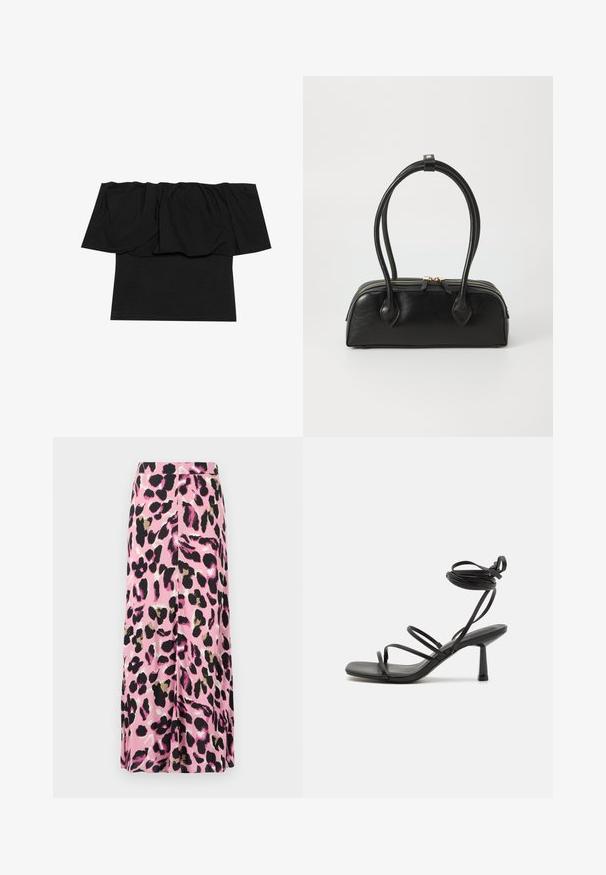 Zwarte off-shoulder top met geplooid materiaal bij de halslijn, een aansluitende pasvorm op het lichaam en korte mouwen. Zachte, soepele stof.; Roze rok met een dierenprint in zwart, goud en wit. Gladde stof met een vloeiend ontwerp. Halflange snit.; Zwarte bandjes sandaal met een vierkante neus, verstelbare enkelbandjes en een slanke blokhak. Gemaakt van een glad, duurzaam materiaal.; Zwarte leren handtas met twee verlengde handvatten, ritsluiting en ronde vorm; gladde textuur met subtiele glanzende afwerking.