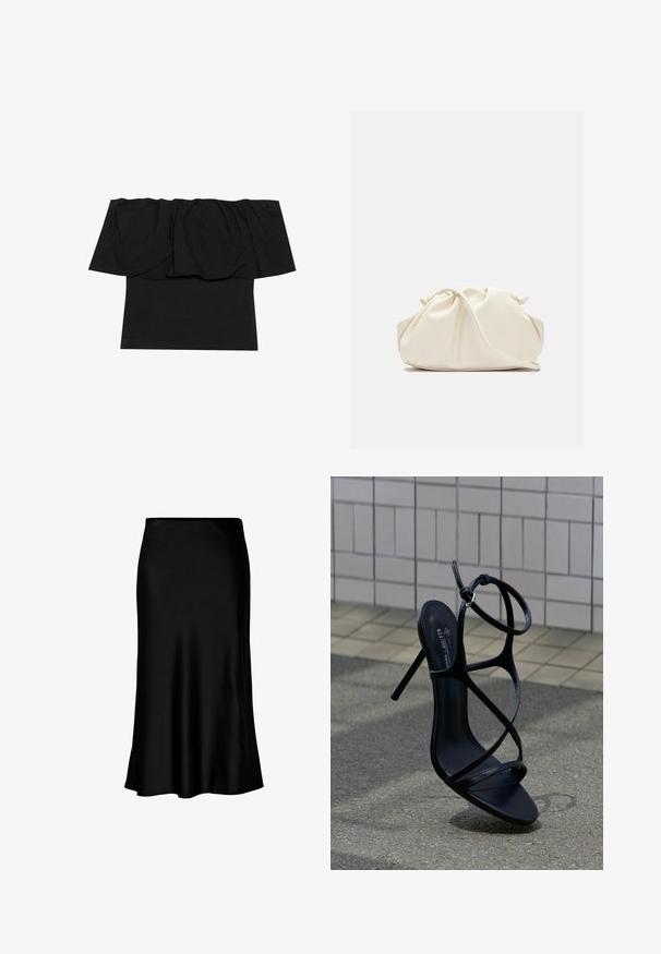 Zwarte off-shoulder top met geplooid materiaal bij de halslijn, een aansluitende pasvorm op het lichaam en korte mouwen. Zachte, soepele stof.; Zwarte satijnen midi-rok met een gladde textuur, een uitlopende zoom en een nauwsluitende tailleband, met een eenvoudig, klassiek ontwerp.; Zwarte hoge hak sandaal met dunne bandjes en enkelriem, rechtop geplaatst op grijs trottoir bij een achtergrond van betegelde muur.; Zachte, crèmekleurige leren clutch met geplooid, gerimpeld ontwerp en een dunne schouderriem die vooraan op een effen achtergrond ligt.