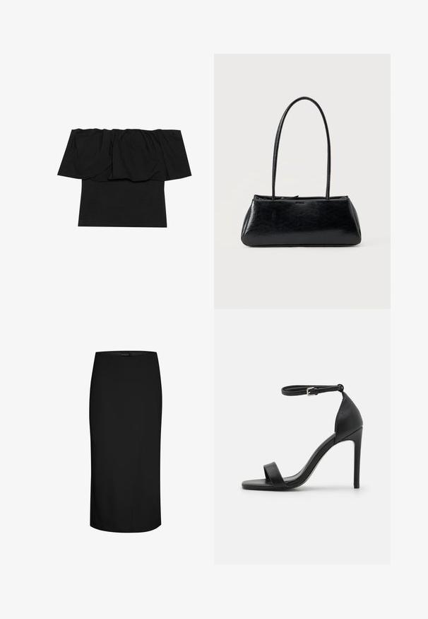 Sort off-shoulder top med foldet stof ved halsudskæringen, en tætsiddende tekstur ved kroppen og korte ærmer. Blødt, glat materiale.; Sort knælængde blyantskørte med tætsiddende pasform og minimale sømdetaljer på hvid baggrund.; Sort højhælet sandal med et sleek design, der har en ankelrem, åben tå og glat lædertekstur.; Sort rektangulær skuldertaske med lange tynde stropper og en glat, blank tekstur på en ensfarvet baggrund.