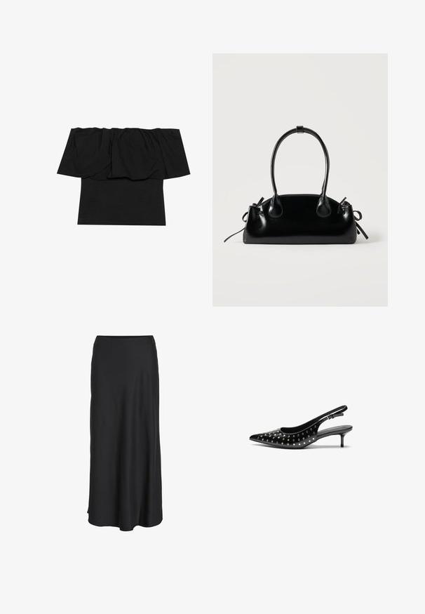 Zwarte off-shoulder top met geplooid materiaal bij de halslijn, een aansluitende pasvorm op het lichaam en korte mouwen. Zachte, soepele stof.; Zwarte maxi rok gemaakt van glad, lichtgewicht stof. Heeft een eenvoudige A-lijn silhouet met een licht uitlopende zoom en geen zichtbare sluitingen.; Zwarte leren slingback hakken met een spitse neus en een kleine hak. Gedecoreerd met metalen studs langs het bovenwerk voor extra textuur.; Kleine zwarte glanzende handtas met twee lange hengsels en zijkant trekkoord details op een effen lichte achtergrond.