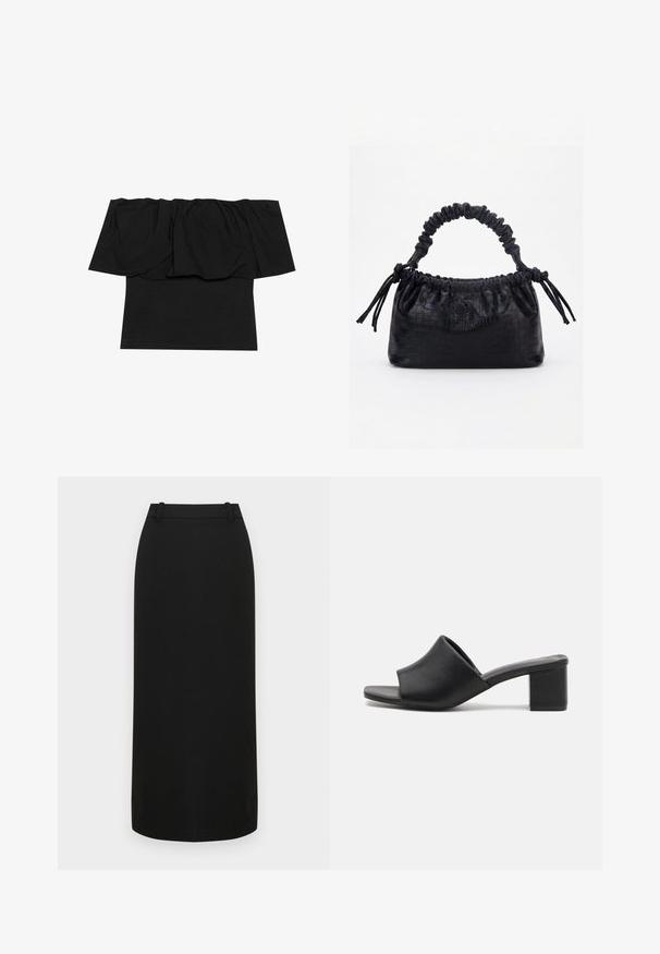 Sort off-shoulder top med foldet stof ved halsudskæringen, en tætsiddende tekstur ved kroppen og korte ærmer. Blødt, glat materiale.; Sort blyantskørt med tætsiddende design, glat tekstur, længde til midt på læggen og en talje med bæltestropper. Ingen pynt.; Sorte læder mules med blokhæl og åben tå, med en glat overflade og let buet overdelsdesign for komfort og stil.; Sort taske med krokodilletekstur, rynket øverste kant, samlet hank og snore med kvaster på hver side mod en hvid baggrund.