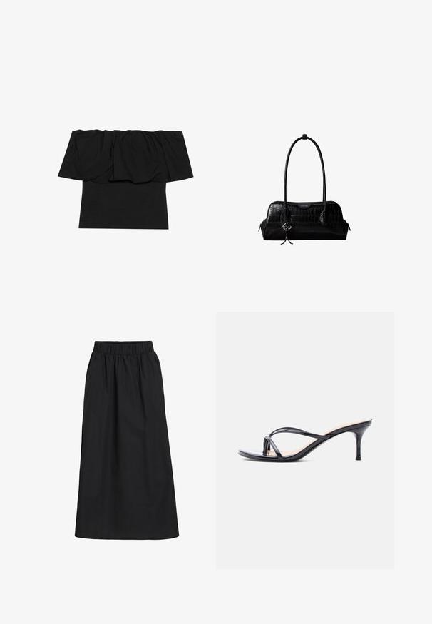 Zwarte off-shoulder top met geplooid materiaal bij de halslijn, een aansluitende pasvorm op het lichaam en korte mouwen. Zachte, soepele stof.; Zwarte, knie-lange rok gemaakt van zachte, lichte stof. Heeft een elastische tailleband en een eenvoudig, vloeiend ontwerp zonder versieringen.; Zwarte laklederen sandaal met hakken, dunne gekruiste bandjes en een slanke, middelhoog stilettohak op een witte achtergrond.; Zwarte schoudertas van leer met krokodillenstructuur, lange banden en een klein zilveren logohanger aan één band.