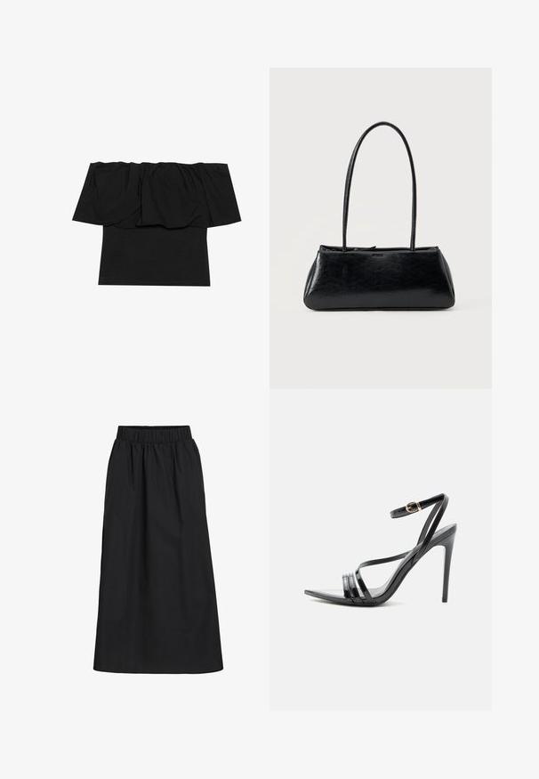 Zwarte off-shoulder top met geplooid materiaal bij de halslijn, een aansluitende pasvorm op het lichaam en korte mouwen. Zachte, soepele stof.; Zwarte, knie-lange rok gemaakt van zachte, lichte stof. Heeft een elastische tailleband en een eenvoudig, vloeiend ontwerp zonder versieringen.; Zwarte sandaal met hoge hak en dunne bandjes over de tenen en om de enkel, met een gouden gesp op een slanke naaldhak.; Zwarte rechthoekige schoudertas met lange dunne banden en een gladde, glanzende textuur op een effen achtergrond.
