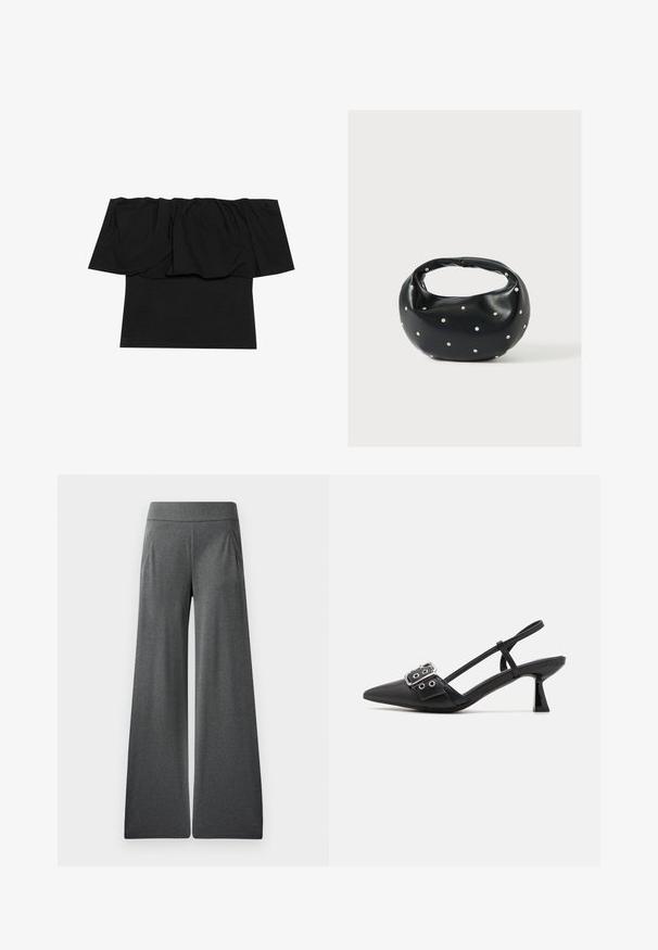 Sort off-shoulder top med foldet stof ved halsudskæringen, en tætsiddende tekstur ved kroppen og korte ærmer. Blødt, glat materiale.; Grå vide bukser med flad talje, folder foran og en glat tekstur, designet til komfort og bevægelsesfrihed.; Simmi London DALA - Pumps - black; Sort læderhåndtaske med en rundet form, dekoreret med sølvnitter, og et kort håndtag. Glat tekstur og lynlåslukning.