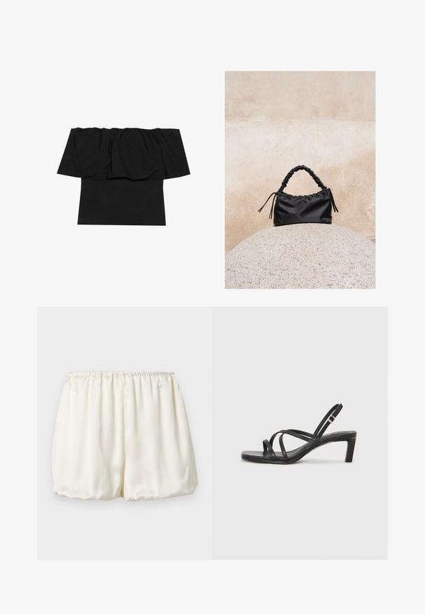 Haut noir dénudé des épaules avec un tissu froncé au niveau du col, une texture ajustée au corps et des manches courtes. Matériau doux et lisse.; Shorts en satin couleur crème avec taille élastique froncée et coupe ample style ballon sur un fond clair uni.; Sandale noire à lanières avec un bout carré et un petit talon bloc. Elle présente plusieurs fines lanières et une sangle de cheville ajustable. Fabriquée en cuir lisse.; Sac à main noir froncé avec une poignée froncée, posé sur une sphère en pierre texturée devant un mur en béton beige.