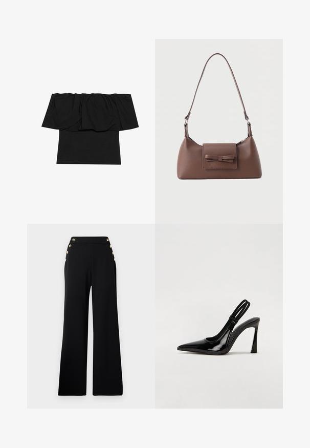 Schwarzes Off-Shoulder-Oberteil mit gerafftem Stoff am Ausschnitt, einer taillierten Passform am Körper und kurzen Ärmeln. Weiches, glattes Material.; Schwarze hochtaillierte, weite Hose mit goldenen Knöpfen an der Vorderseite und Taschen an beiden Hüften auf weißem Hintergrund.; Schwarze Lackleder Slingback-Pumps mit spitzem Zehenbereich, schlankem hohen Absatz und doppeltem elastischen Riemen für einen sicheren Sitz. Glatte, glänzende Oberfläche.; Braune Leder-Umhängetasche mit einer vorderen Klappentasche, die ein gestepptes Schleifendetail und einen verstellbaren Riemen aufweist.