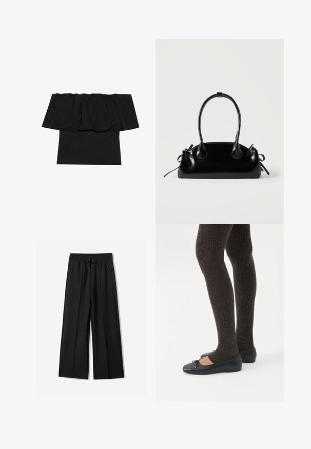 Zwarte off-shoulder top met geplooid materiaal bij de halslijn, een aansluitende pasvorm op het lichaam en korte mouwen. Zachte, soepele stof.; Zwarte wijde broek van zachte stof. Voorzien van een elastische tailleband met een trekkoord en twee zijzakken. Platte voorkant met plooien.; Benen met donkere geribbelde leggings gecombineerd met zwarte ballerina's met kleine strikdetails op een witte achtergrond.; Kleine zwarte glanzende handtas met twee lange hengsels en zijkant trekkoord details op een effen lichte achtergrond.