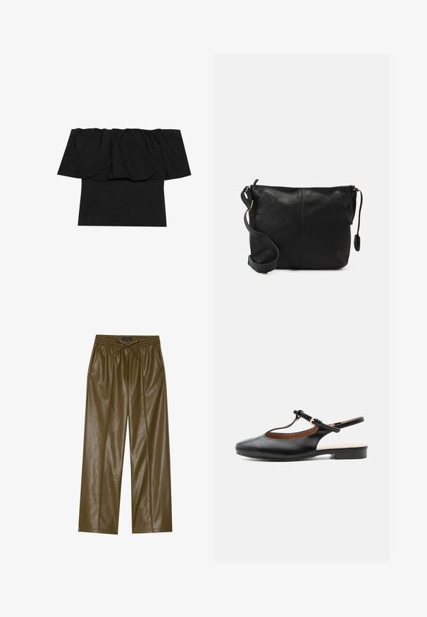 Sort off-shoulder top med foldet stof ved halsudskæringen, en tætsiddende tekstur ved kroppen og korte ærmer. Blødt, glat materiale.; Olivenfarvede faux læder buks med vidde ben, elastisk talje og justerbar snøring. Har to sidelommer og en glat tekstur.; Sort læder flad slingback-sko med T-rem og guldlås på neutral baggrund.; Sort læder crossbody taske med flad form, guld hardware detaljer og justerbar skulderrem. Glat tekstur med minimale syninger.
