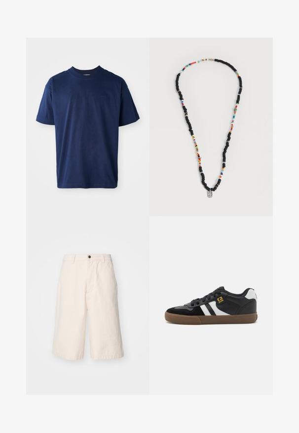 T-shirt en coton bleu marine avec un col rond, des manches courtes et un logo en relief subtil sur la poitrine. Design simple et plat, texture douce.; Shorts en coton beige clair avec une coupe droite, doté d'une fermeture à bouton, de poches latérales et d'un ourlet qui tombe juste au-dessus du genou.; Baskets noir et blanc avec une tige en daim et en cuir, présentant des rayures blanches, des lacets noirs et une semelle en caoutchouc marron. Accents de logo dorés.; Collier avec des perles noires et multicolores alternées, comportant de petits anneaux en argent et un pendentif rectangulaire en perle transparente.