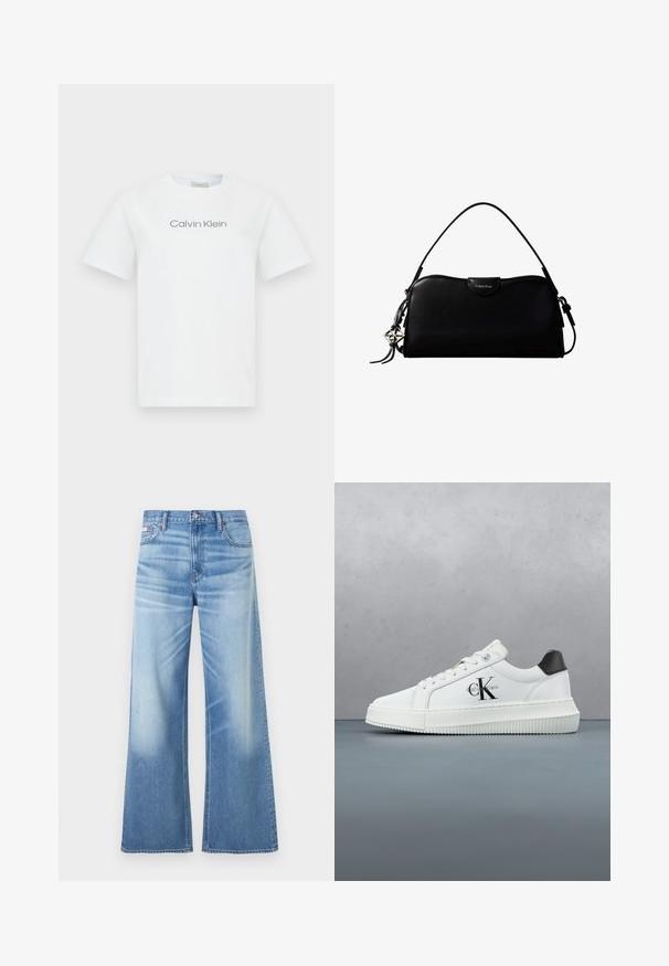 Camiseta de algodón blanca con cuello redondo y mangas cortas. Muestra el texto "Calvin Klein" en gris a lo largo del pecho.; Calvin Klein Jeans LOW RISE BAGGY - Vaqueros boyfriend - diamond cove; Zapatilla baja blanca con talón negro, suela de plataforma, cordones y logotipo "CK" de Calvin Klein en el lado.; Bolso rectangular negro de Calvin Klein con una única correa superior, dije con el logo plateado y un pequeño cierre de solapa en la parte frontal.