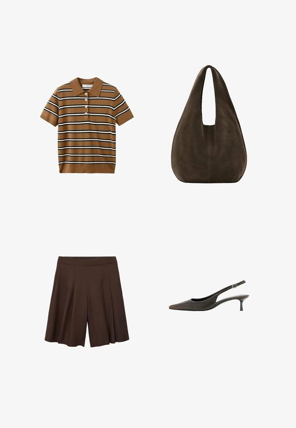 Bruin poloshirt met korte mouwen, voorzien van zwarte en witte horizontale strepen en vier witte knopen aan de voorkant.; Bruine geplooide shorts met een hoge taille. De stof lijkt glad en lichtgewicht, met diepe, scherpe plooien voor een vloeiende uitstraling.; Zwarte leren slingback met puntige neus, lage kittenhak en een klein verstelbaar gespsluiting.; Zachte donkerbruine suède hobo tas met een brede enkele schouderriem en afgeronde onderkant op een witte achtergrond.