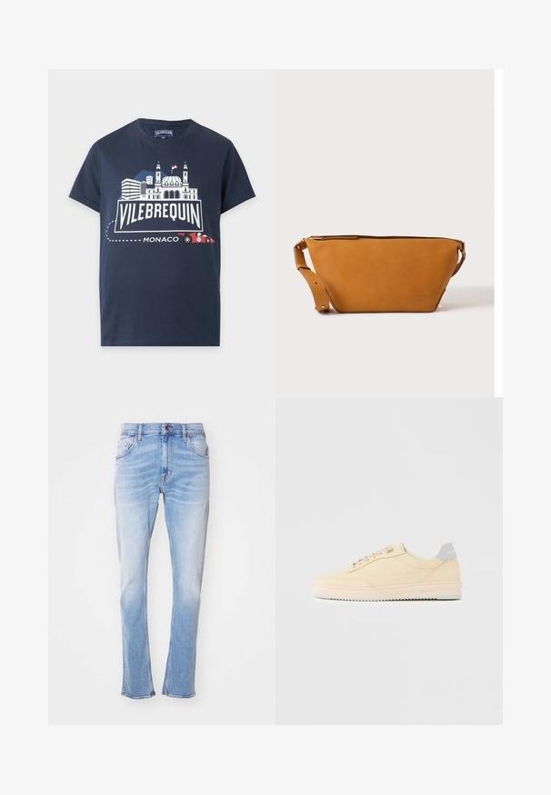 T-shirt bleu marine avec graphisme de la ville de Monaco, voiture de course rouge et texte "Vilebrequin Monaco" sur le devant.; Jean bleu clair en denim, avec une coupe droite, un léger délavage, cinq poches et une fermeture à bouton. Aucune motif ou embellissement visible.; Baskets basses beige à lacets, semelle rose clair et languette grise à l'arrière marquée "Filling Pieces", vues de profil sur fond uni.; Sac bandoulière en cuir marron clair avec sangle réglable et fermeture éclair, présenté sur un fond clair uni.