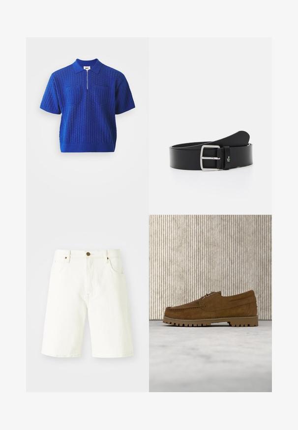 Blå polo t-shirt med korte ærmer, teksturerede vertikale mønstre, to frontlommer og en central lynlås. Fremstillet af strikket stof.; Hvide denimshorts med lige snit, klassisk fem-lomme design og kobberknaplukning. Glat tekstur og kantede kanter.; Brun ruskind snøresko med tyk rillede sål, der svæver over beige tæppe, med et brunt ovalt bord i baggrunden.; Sort læderbælte med en rektangulær sølvspænde, der har et lille grønt krokodillelogo og en glat tekstur. Standardbredde, enkelt design.