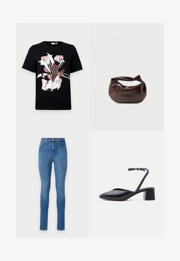 Schwarzes Kurzarm-T-Shirt mit einem floralen Design in Weiß und Roségold. Weicher Stoff mit Rundhalsausschnitt und normaler Passform.; Slim-Fit-Jeans aus mittelblauem Denim mit hoher Taille, klassischem Fünf-Taschen-Design, leichtem Used-Look und glatter Textur.; Schwarzer Leder-Pumps mit niedrigem Blockabsatz, spitz zulaufender Schuhspitze und dünnem Knöchelriemen mit goldener Schnalle vor hellem Hintergrund.; Dunkelbraune Lederschultertasche mit weicher, lockerer Form und einem gedrehten Knotengriff vor schlichtem weißem Hintergrund.