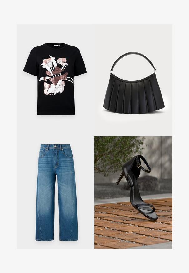 Camiseta negra de manga corta con un diseño floral en blanco y oro rosa. Tejido suave con un escote redondo y un corte regular.; Jeans de denim de pierna ancha en azul claro con un lavado desgastado, que cuentan con cinco bolsillos y un cierre de botón en la parte delantera. Fabricados en tela de algodón.; Sandalia negra de tacón alto con correa en el tobillo, parece suspendida sobre un suelo de baldosas de madera al aire libre, con un fondo difuminado de vegetación y piedra.; Bolso negro plisado hecho de cuero sintético, con un asa curva y cierre superior con cremallera. Textura suave con un diseño estructurado.