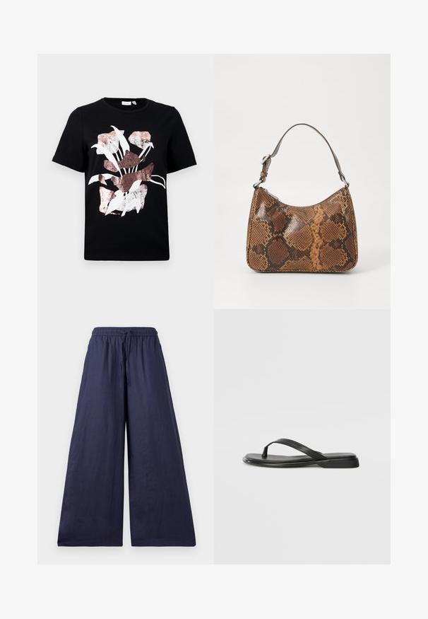 Sort kortærmet t-shirt med et blomsterdesign i hvid og roseguld. Blødt materiale med rund halsudskæring og normal pasform.; Marineblå brede bukser med elastisk talje, snøredetalje og blødt, let stof. Simpelt, flydende design uden udsmykninger.; Sorte flip-flops lavet af glat læder, med et tyndt remdesign og en flad sål med et minimalt profil. Ingen bemærkelsesværdige mønstre eller accenter.; Lille håndtaske med brun og sort slangeskinn mønster, kort justerbar rem og lynlåslukning.