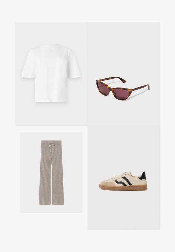 Effen witte T-shirt met korte mouwen en ronde hals, plat weergegeven tegen een lichtgrijze achtergrond.; Beige gebreide wijde broek met verticale ribbels en een trekkoord in de taille, plat gelegd op een lichte achtergrond.; Beige sneaker met zwarte strepen, suède neus en hiel accenten, textuur rubberen zool en platte veters. Minimalistisch ontwerp en neutrale kleuren.; Schildpad zonnebril met cat-eye vorm, kastanjebruine lenzen en gouden logo-accenten op de pootjes. Soepele textuur en gepolijste afwerking.