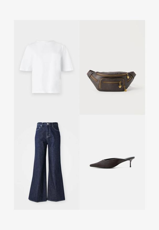 Camiseta blanca lisa de manga corta con cuello redondo, mostrada extendida sobre un fondo gris claro.; Jeans de mezclilla oscura con campana y cintura alta, que presentan un cierre de botón y cremallera. Las costuras blancas y las piernas anchas crean una silueta estructurada.; Zapato mule negro con punta puntiaguda, tacón stiletto bajo y acabado liso y elegante, mostrado de perfil sobre un fondo blanco.; Riñonera de cuero marrón oscuro con múltiples cremalleras doradas, cada una con un pequeño colgante en forma de corazón.
