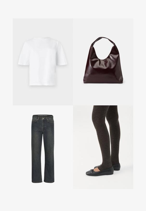 Enkelt hvid T-shirt med korte ærmer og rund halsudskæring, vist fladt mod en lysegrå baggrund.; Mørkeblå lige ben jeans lavet af denimstof, med medium talje, fem-lomme design og diskret syning langs sømmene.; Ben iført mørke ribbede leggings kombineret med sorte balletsko med små sløjfedetaljer på hvid baggrund.; Bordeaux, skinnende vegansk læder tote taske med en blød, skulpturel form og et bredt, buet håndtag for nem bæring.